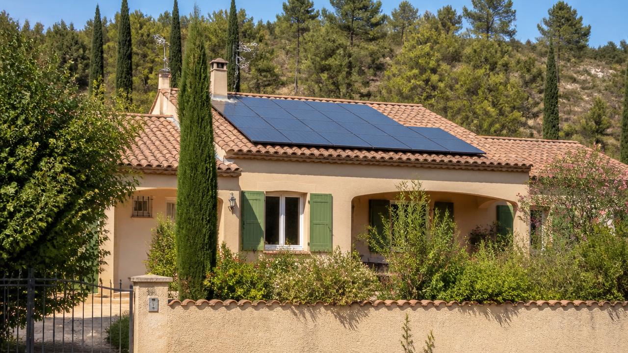 Maison individuelle provençale équipée de panneaux solaires sur son toit